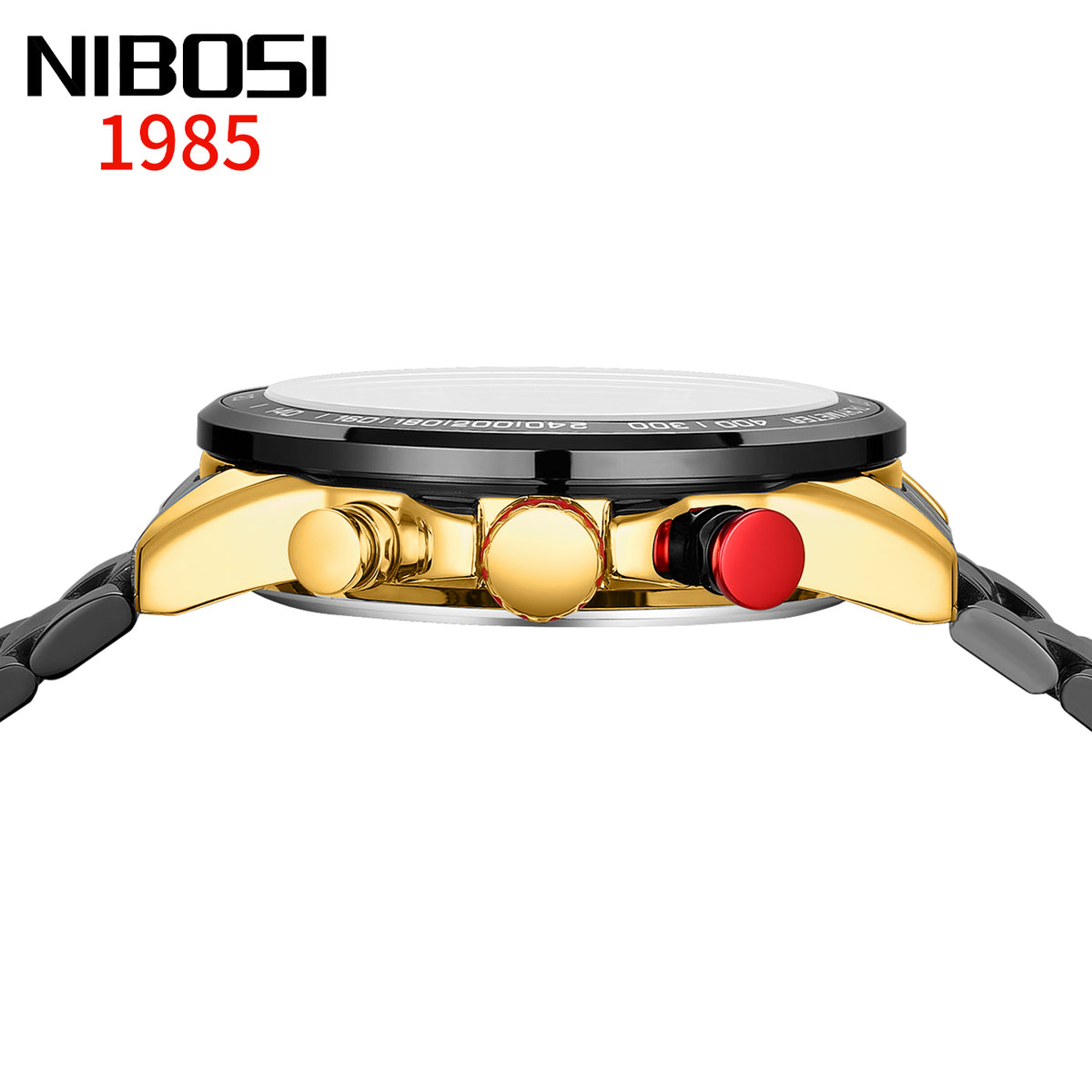 NIBOSI 2606 noir et doré — profil du boîtier