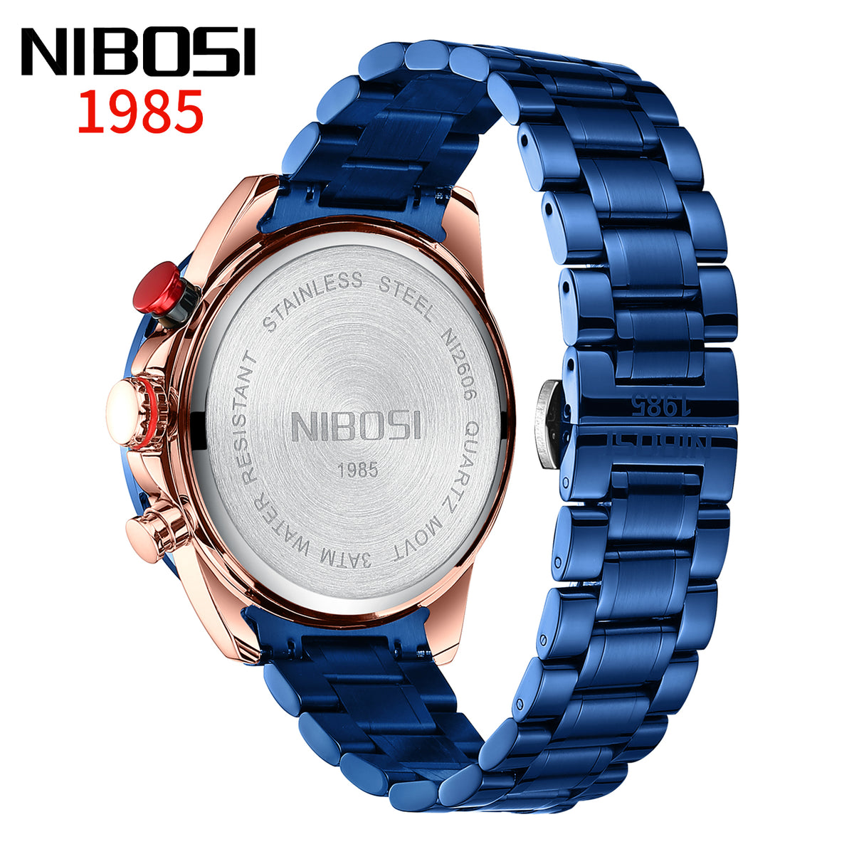 NIBOSI 2606 bleu et or rose — dos et bracelet