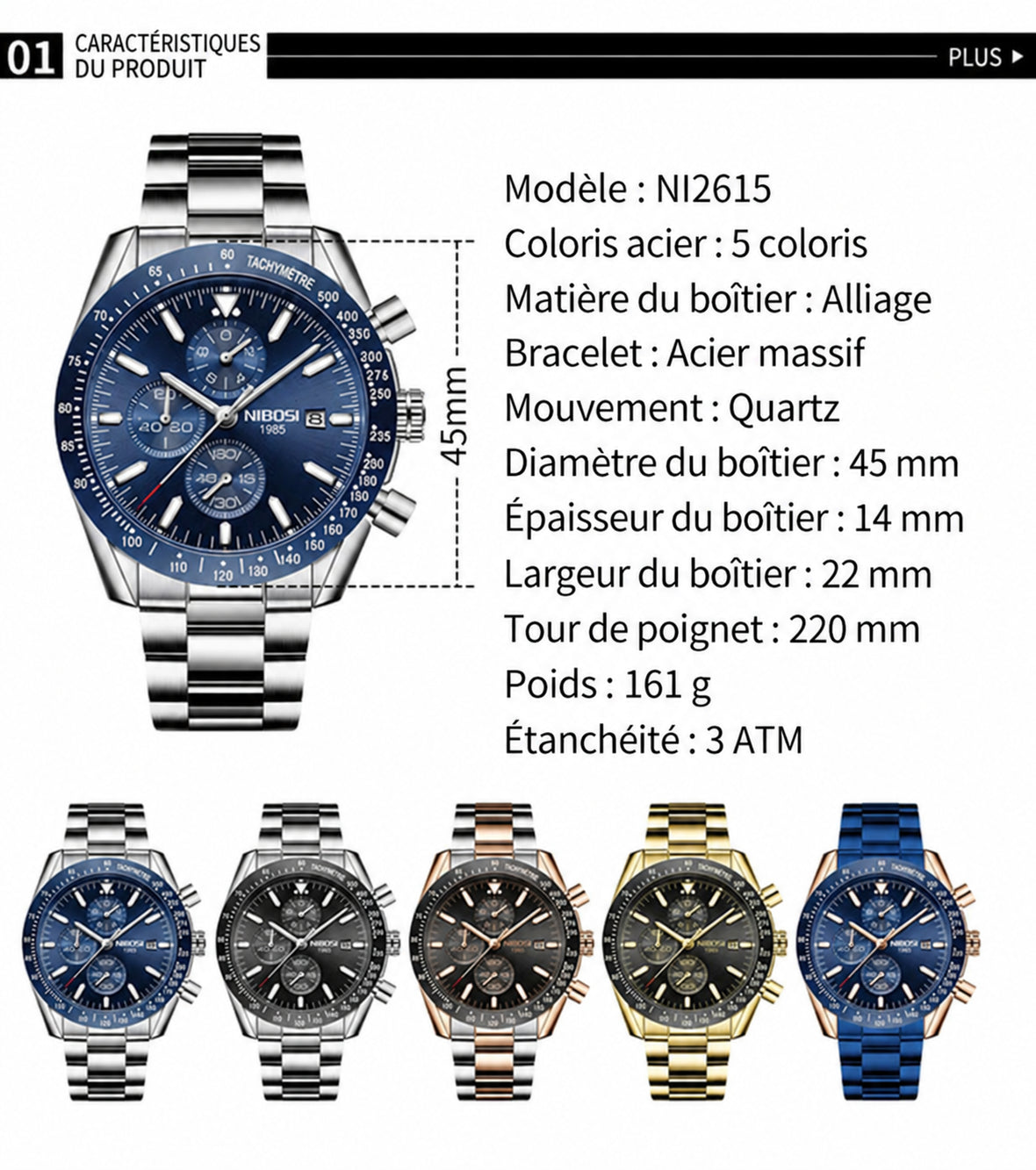NIBOSI 2615 - caractéristiques de la version acier, en français