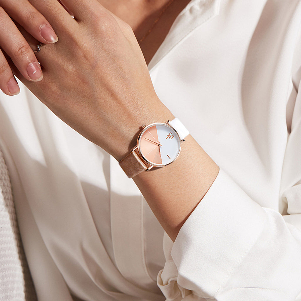 Montre femme MB-SH-FEM-001 — rose et blanc, portée au poignet