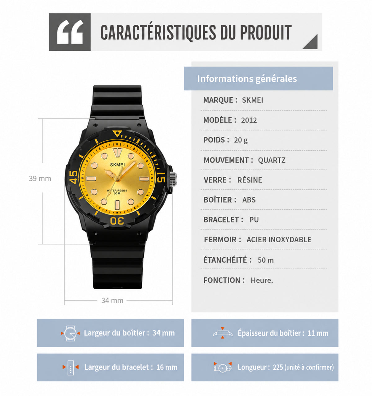 SKMEI 2012 - caractéristiques et dimensions en français