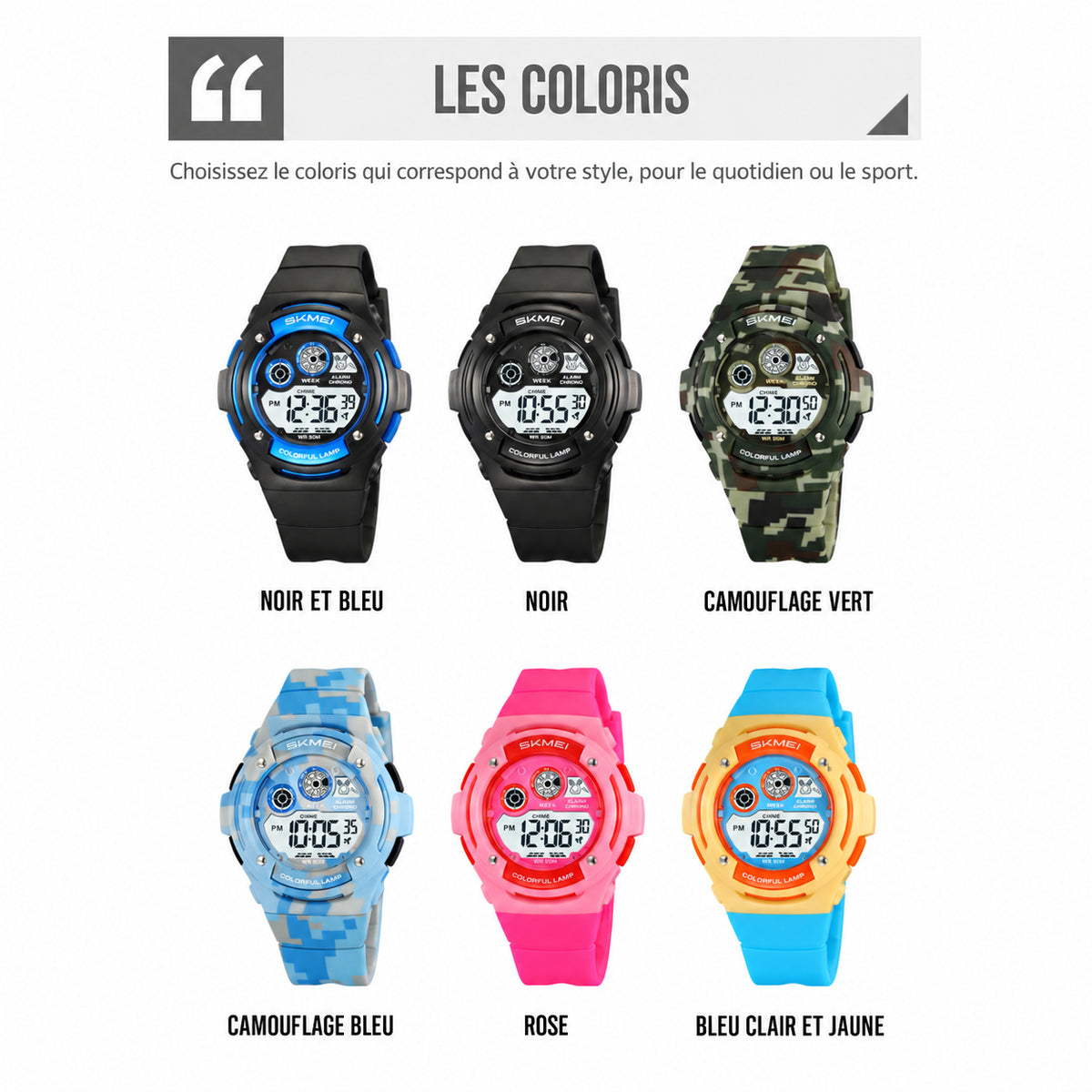 SKMEI 2430 — les six coloris en français