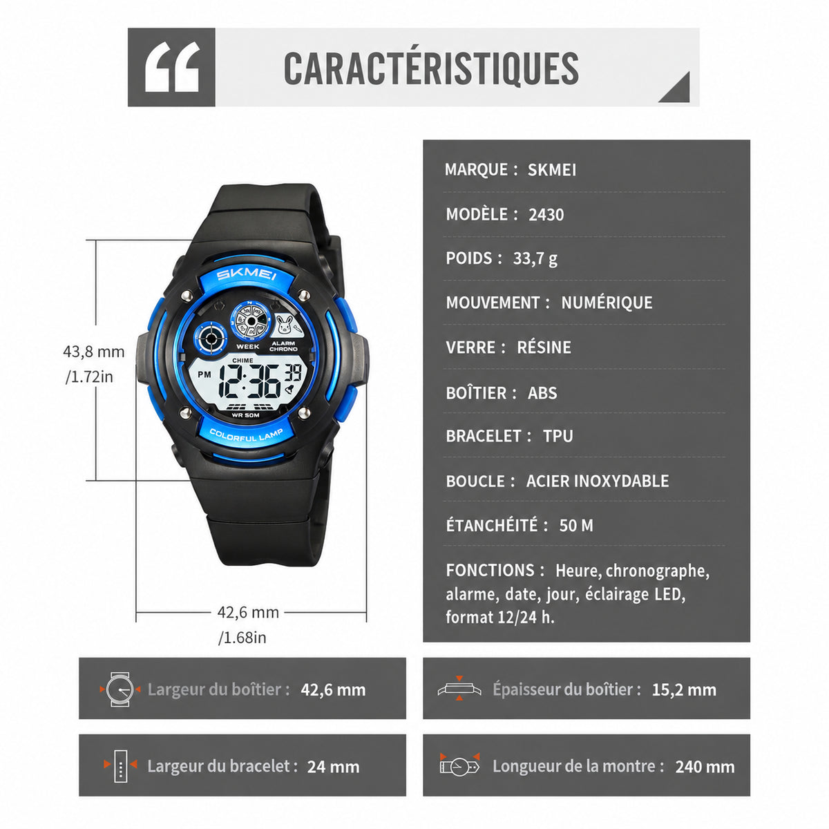 SKMEI 2430 — dimensions et caractéristiques en français