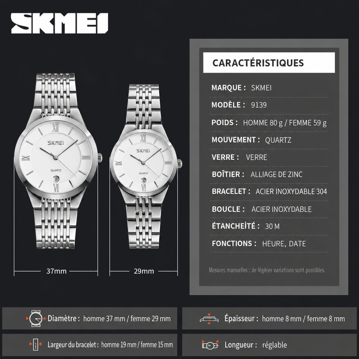 SKMEI 9139 - dimensions et caractéristiques en français