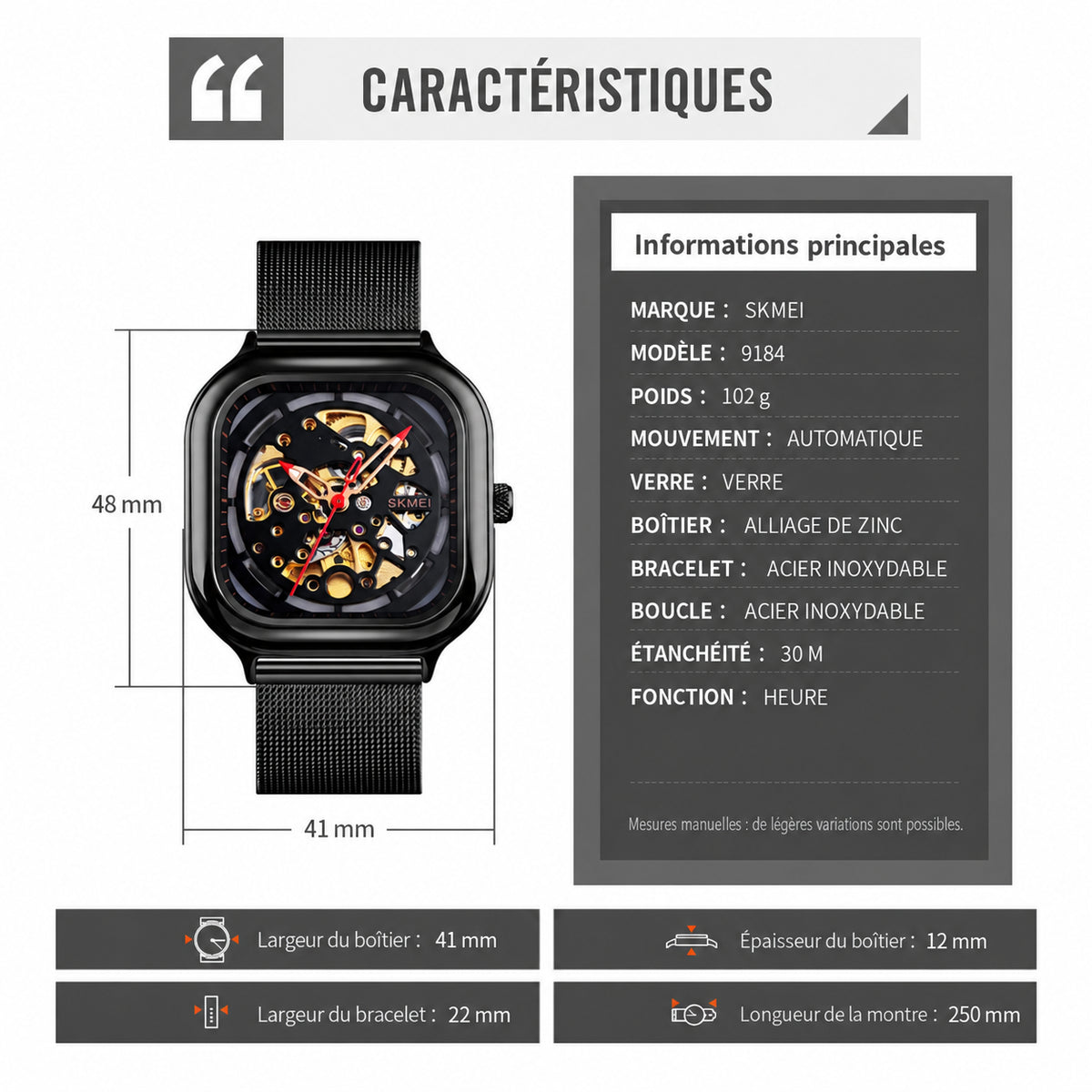 SKMEI 9184 - dimensions et caractéristiques en français