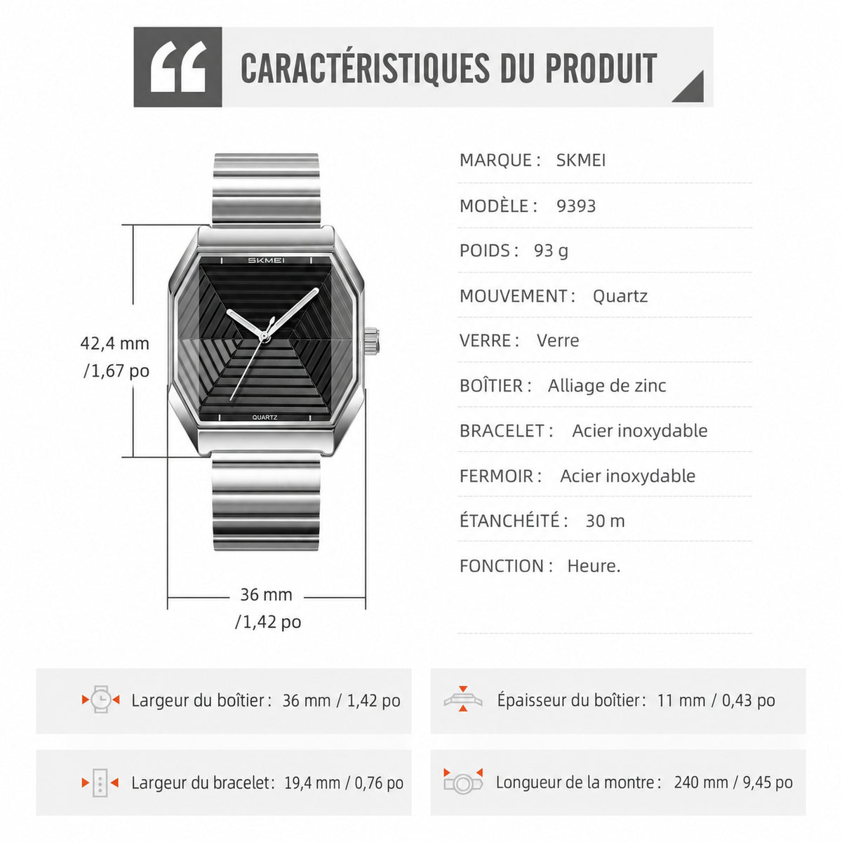 SKMEI 9393 - caractéristiques et dimensions en français